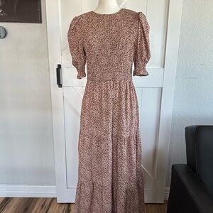 Brown and Cream Smocked Puff Sleeve Sundress